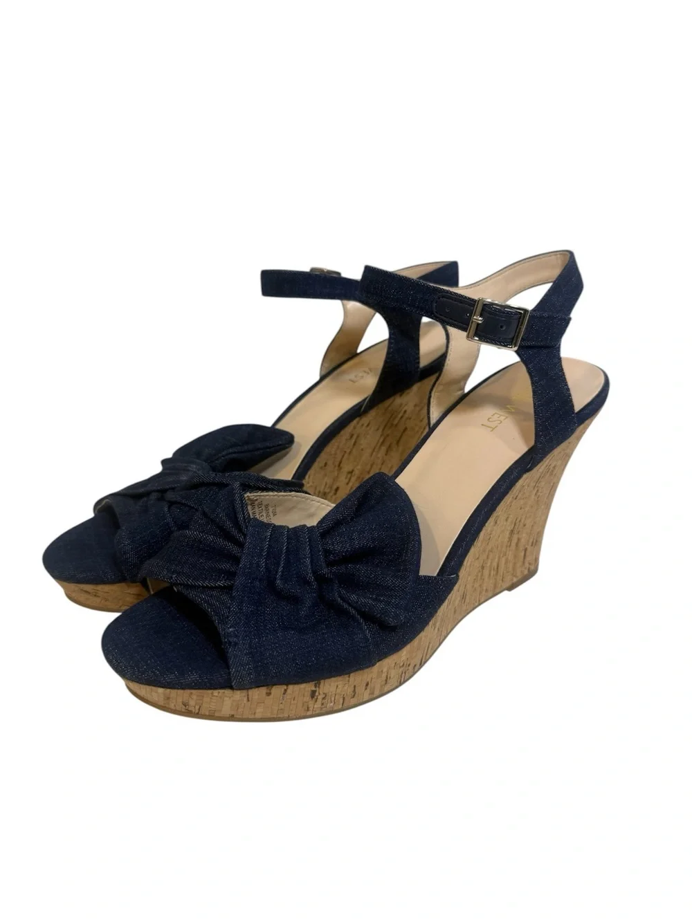 Nine West Womens 7.5 M Blue Denim Bow Cork Wedge Sandals Ankle Strap
